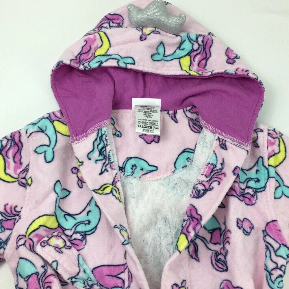Saint Eve Girls Multicolor Mermaid Open Front Belted Hooded Swim Bathrobe Sz XXS